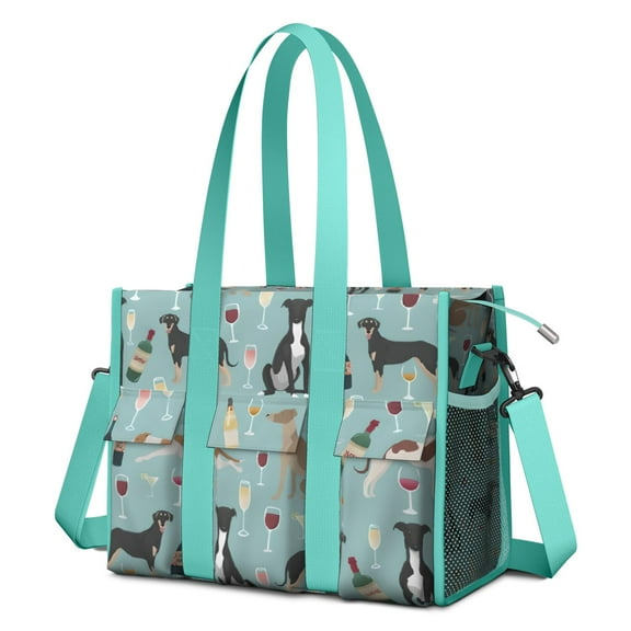 Teacher Tote Bag,Dogs with Wine and Glasses Teacher Utility Tote Bag,Large Work Tote Bags for Women with Multiple Pockets,Top Zipper Closure,13.8x10.6x6.7 Inch