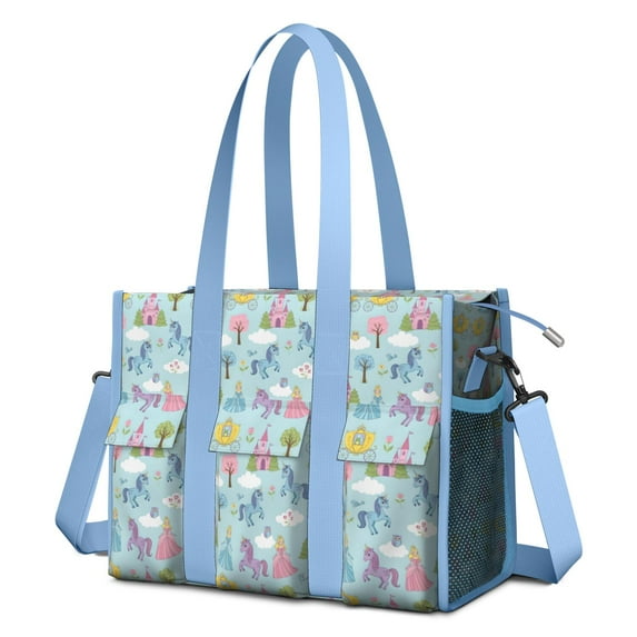 Teacher Tote Bag,Fairy Tale Princess Castle Pattern Teacher Utility Tote Bag,Large Work Tote Bags for Women with Multiple Pockets,Top Zipper Closure,13.8x10.6x6.7 Inch