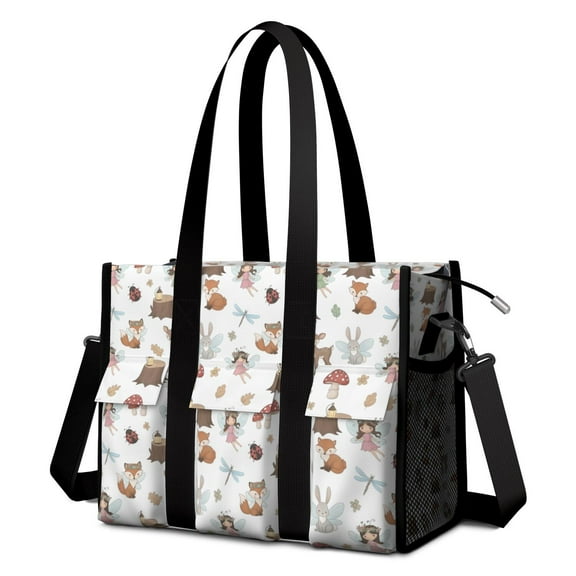 Teacher Tote Bag,Forest Fairy Princess Pattern Teacher Utility Tote Bag,Large Work Tote Bags for Women with Multiple Pockets,Top Zipper Closure,13.8x10.6x6.7 Inch