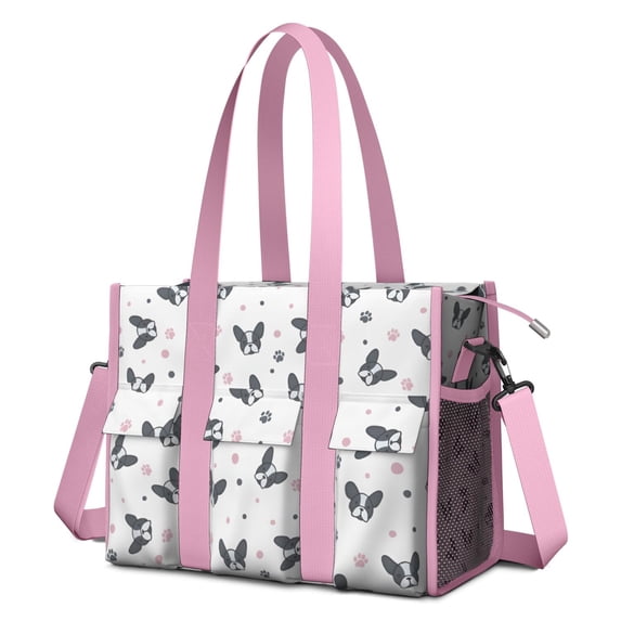 Teacher Tote Bag,French Bulldog Teacher Utility Tote Bag,Large Work Tote Bags for Women with Multiple Pockets,Top Zipper Closure,13.8x10.6x6.7 Inch