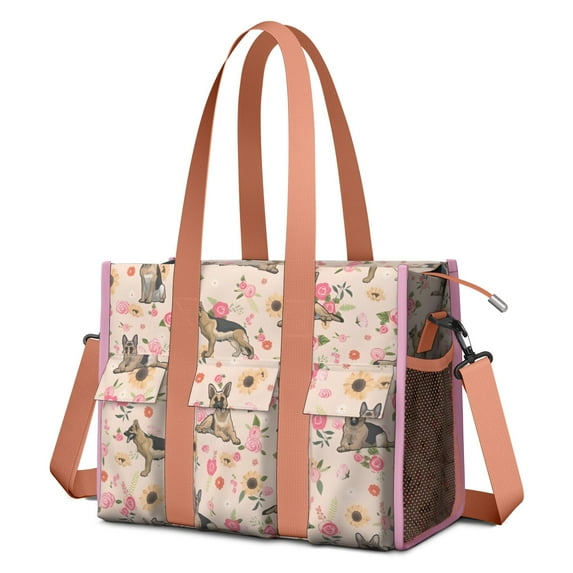 Teacher Tote Bag,German Shepherd Dog and Flower Teacher Utility Tote Bag,Large Work Tote Bags for Women with Multiple Pockets,Top Zipper Closure,13.8x10.6x6.7 Inch