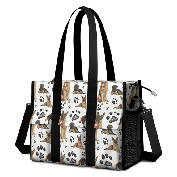 Teacher Tote Bag,German Shepherd Dog and Footprint Teacher Utility Tote Bag,Large Work Tote Bags for Women with Multiple Pockets,Top Zipper Closure,13.8x10.6x6.7 Inch
