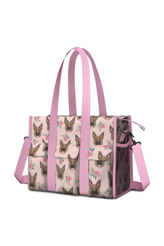 Teacher Tote Bag,German Shepherd and Pioneer Flower Teacher Utility Tote Bag,Large Work Tote Bags for Women with Multiple Pockets,Top Zipper Closure,13.8x10.6x6.7 Inch