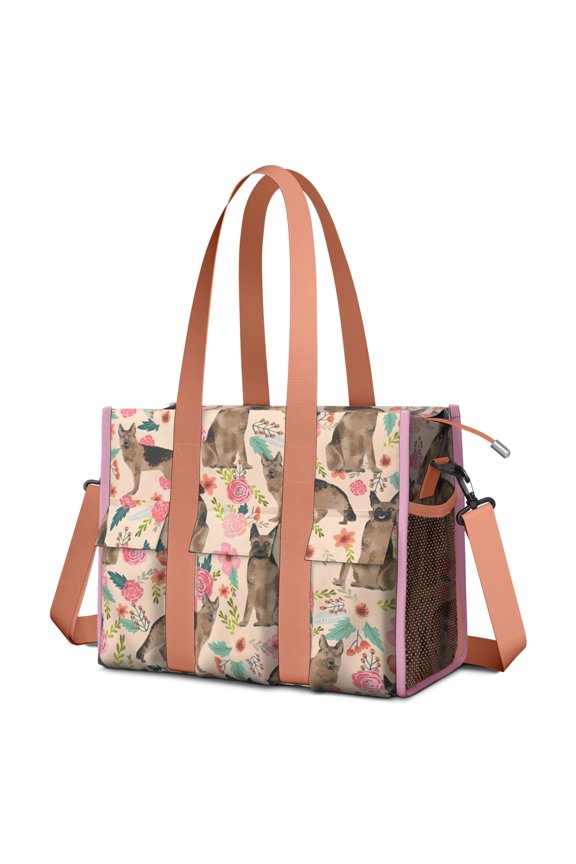 Teacher Tote Bag,German Shepherd with Pioneer Flower Teacher Utility Tote Bag,Large Work Tote Bags for Women with Multiple Pockets,Top Zipper Closure,13.8x10.6x6.7 Inch