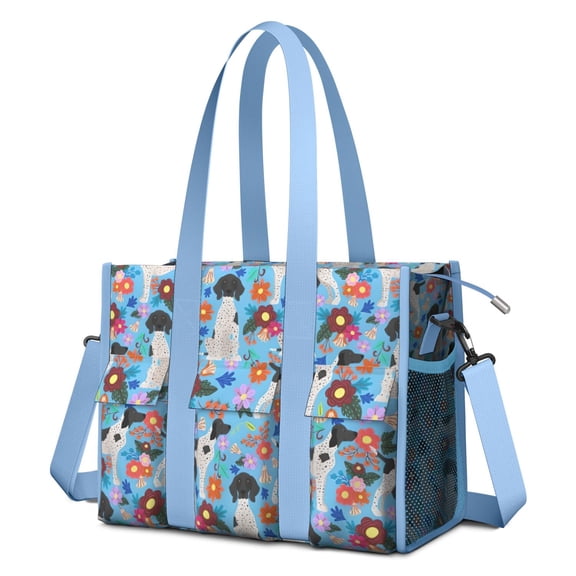 Teacher Tote Bag,German Shorthaired Pointer Dog and Flower Teacher Utility Tote Bag,Large Work Tote Bags for Women with Multiple Pockets,Top Zipper Closure,13.8x10.6x6.7 Inch