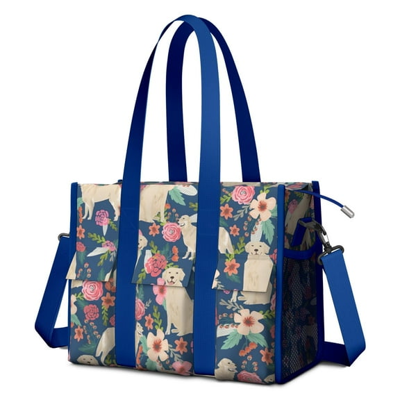 Teacher Tote Bag,Golden Retriever and Pioneer Flower Teacher Utility Tote Bag,Large Work Tote Bags for Women with Multiple Pockets,Top Zipper Closure,13.8x10.6x6.7 Inch
