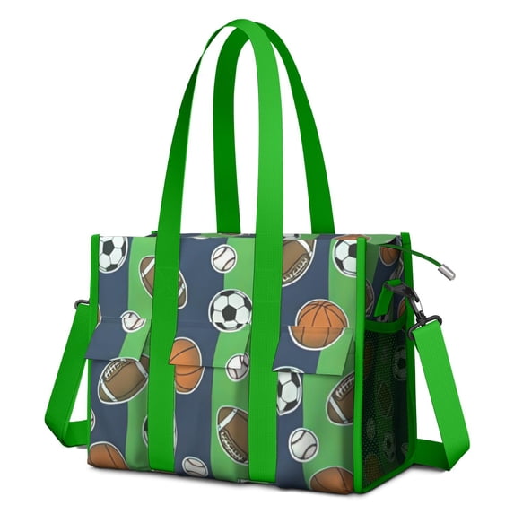 Teacher Tote Bag,Green Striped Sports Balls Pattern Teacher Utility Tote Bag,Large Work Tote Bags for Women with Multiple Pockets,Top Zipper Closure,13.8x10.6x6.7 Inch