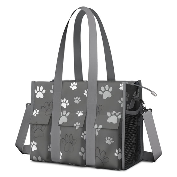 Teacher Tote Bag,Grey Dog Paw Footprint Teacher Utility Tote Bag,Large Work Tote Bags for Women with Multiple Pockets,Top Zipper Closure,13.8x10.6x6.7 Inch