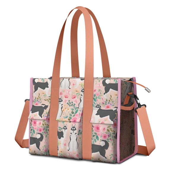 Teacher Tote Bag,Husky Dog Flower Floral Teacher Utility Tote Bag,Large Work Tote Bags for Women with Multiple Pockets,Top Zipper Closure,13.8x10.6x6.7 Inch