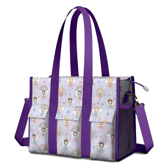 Teacher Tote Bag,Light Purple Fairy Princess Pattern Teacher Utility Tote Bag,Large Work Tote Bags for Women with Multiple Pockets,Top Zipper Closure,13.8x10.6x6.7 Inch
