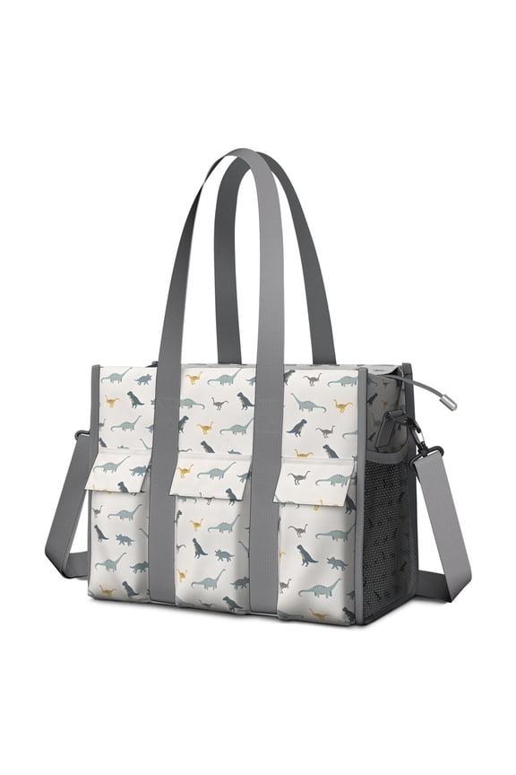 Teacher Tote Bag,LightGray Cartoon Dinosaurs Pattern Teacher Utility Tote Bag,Large Work Tote Bags for Women with Multiple Pockets,Top Zipper Closure,13.8x10.6x6.7 Inch