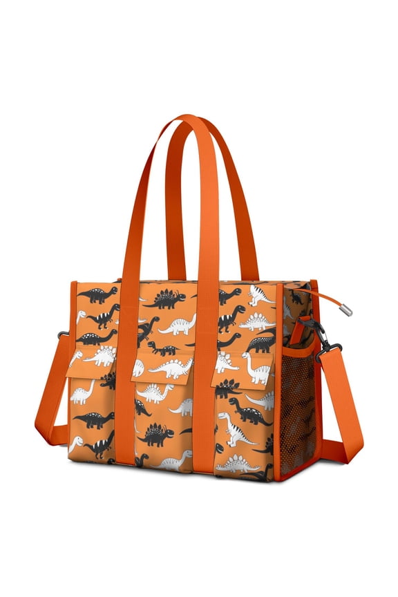 Teacher Tote Bag,Orange Cartoon Black White Dinosaurs Pattern Teacher Utility Tote Bag,Large Work Tote Bags for Women with Multiple Pockets,Top Zipper Closure,13.8x10.6x6.7 Inch