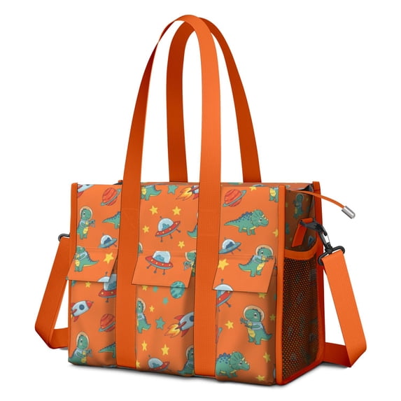 Teacher Tote Bag,Orange Cartoon Dinosaurs Rockets Planets Pattern Teacher Utility Tote Bag,Large Work Tote Bags for Women with Multiple Pockets,Top Zipper Closure,13.8x10.6x6.7 Inch