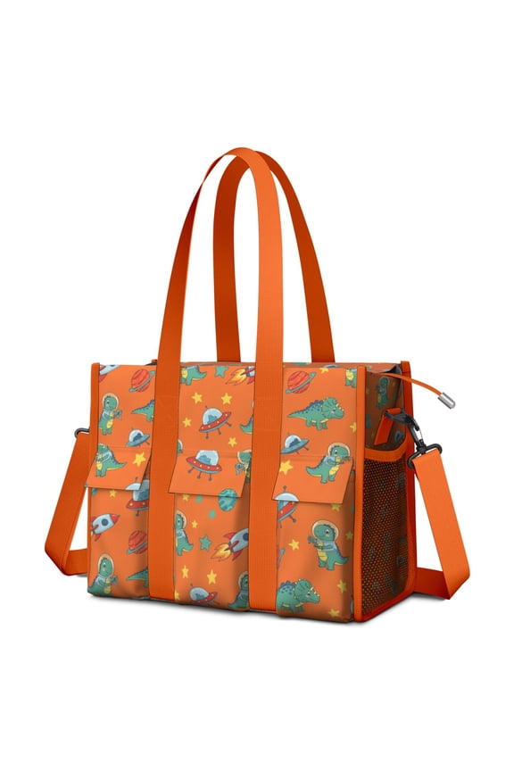 Teacher Tote Bag,Orange Cartoon Dinosaurs Rockets Planets Pattern Teacher Utility Tote Bag,Large Work Tote Bags for Women with Multiple Pockets,Top Zipper Closure,13.8x10.6x6.7 Inch