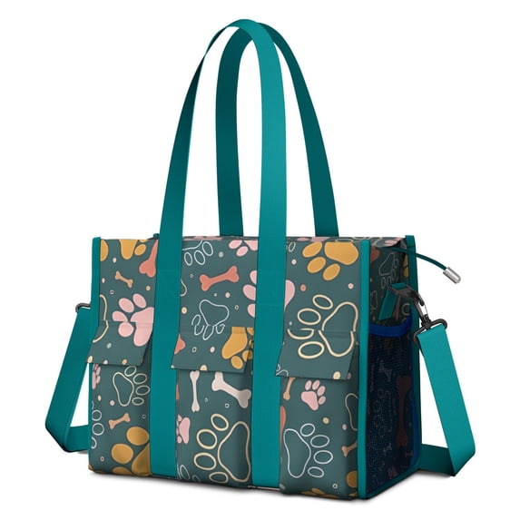Teacher Tote Bag,Paw Prints and Bones Teacher Utility Tote Bag,Large Work Tote Bags for Women with Multiple Pockets,Top Zipper Closure,13.8x10.6x6.7 Inch