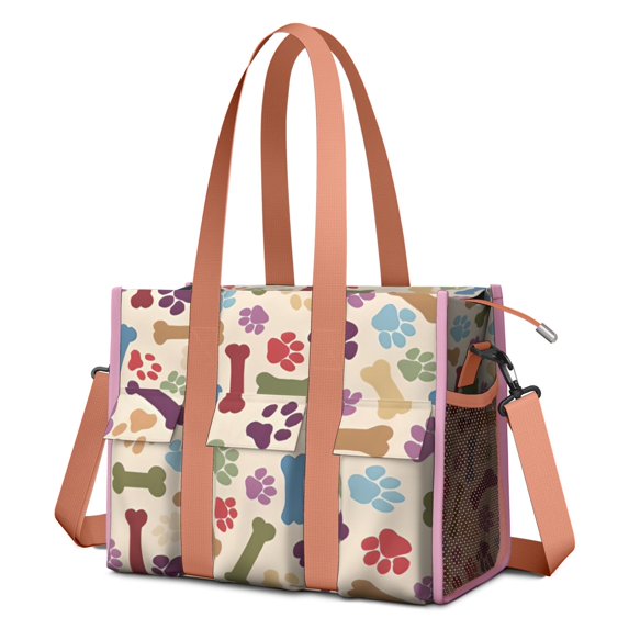 Teacher Tote Bag,Paw Prints and Bones Teacher Utility Tote Bag,Large Work Tote Bags for Women with Multiple Pockets,Top Zipper Closure,13.8x10.6x6.7 Inch