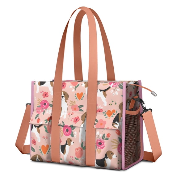Teacher Tote Bag,Pink Beagle and Flower Teacher Utility Tote Bag,Large Work Tote Bags for Women with Multiple Pockets,Top Zipper Closure,13.8x10.6x6.7 Inch