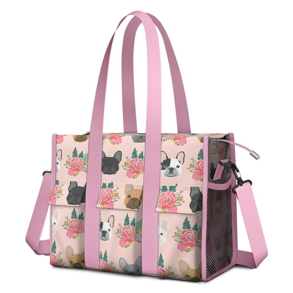 Teacher Tote Bag,Pink French Bulldog Flowers Florals Teacher Utility Tote Bag,Large Work Tote Bags for Women with Multiple Pockets,Top Zipper Closure,13.8x10.6x6.7 Inch