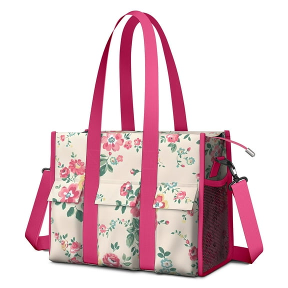Teacher Tote Bag,Pioneer Flower Floral Print Pattern Teacher Utility Tote Bag,Large Work Tote Bags for Women with Multiple Pockets,Top Zipper Closure,13.8x10.6x6.7 Inch