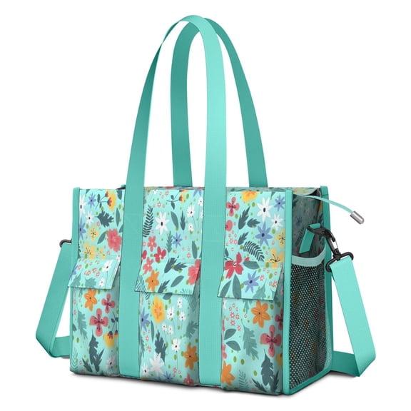 Teacher Tote Bag,Pioneer Flower Floral Print Pattern Teacher Utility Tote Bag,Large Work Tote Bags for Women with Multiple Pockets,Top Zipper Closure,13.8x10.6x6.7 Inch