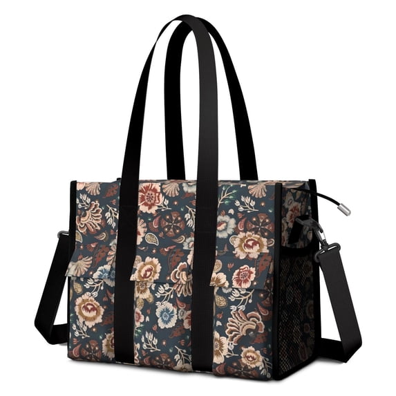 Teacher Tote Bag,Pioneer Flower Floral Print Pattern Teacher Utility Tote Bag,Large Work Tote Bags for Women with Multiple Pockets,Top Zipper Closure,13.8x10.6x6.7 Inch
