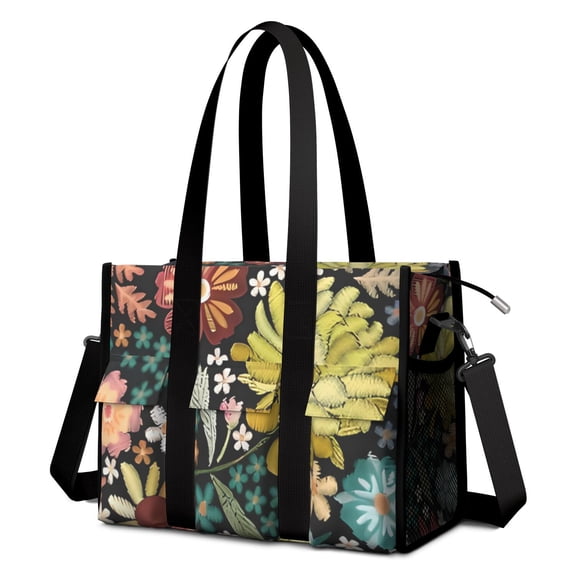 Teacher Tote Bag,Pioneer Flower Floral Print Pattern Teacher Utility Tote Bag,Large Work Tote Bags for Women with Multiple Pockets,Top Zipper Closure,13.8x10.6x6.7 Inch