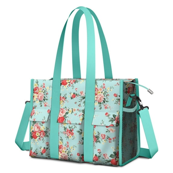 Teacher Tote Bag,Pioneer Flower Floral Print Pattern Teacher Utility Tote Bag,Large Work Tote Bags for Women with Multiple Pockets,Top Zipper Closure,13.8x10.6x6.7 Inch