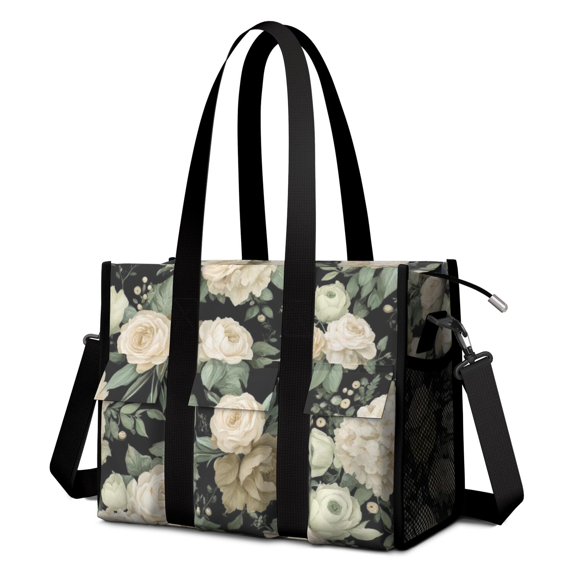 Teacher Tote Bag,Pioneer Flower Floral Print Pattern Teacher Utility Tote Bag,Large Work Tote Bags for Women with Multiple Pockets,Top Zipper Closure,13.8x10.6x6.7 Inch
