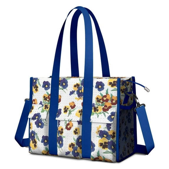 Teacher Tote Bag,Pioneer Flower Floral Print Pattern Teacher Utility Tote Bag,Large Work Tote Bags for Women with Multiple Pockets,Top Zipper Closure,13.8x10.6x6.7 Inch
