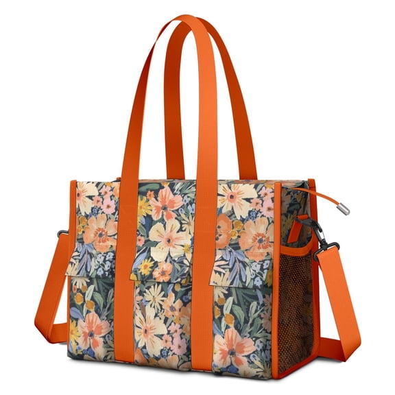 Teacher Tote Bag,Pioneer Flower Floral Print Pattern Teacher Utility Tote Bag,Large Work Tote Bags for Women with Multiple Pockets,Top Zipper Closure,13.8x10.6x6.7 Inch