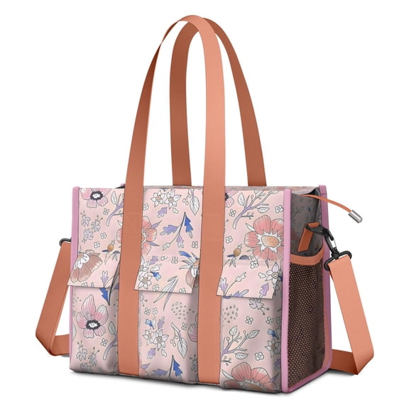 Teacher Tote Bag,Pioneer Flower Floral Print Pattern Teacher Utility Tote Bag,Large Work Tote Bags for Women with Multiple Pockets,Top Zipper Closure,13.8x10.6x6.7 Inch