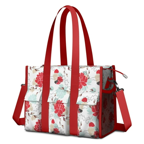 Teacher Tote Bag,Pioneer Flower Floral Print Pattern Teacher Utility Tote Bag,Large Work Tote Bags for Women with Multiple Pockets,Top Zipper Closure,13.8x10.6x6.7 Inch