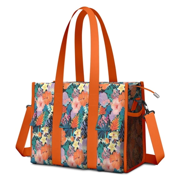 Teacher Tote Bag,Pioneer Flower Floral Print Pattern Teacher Utility Tote Bag,Large Work Tote Bags for Women with Multiple Pockets,Top Zipper Closure,13.8x10.6x6.7 Inch