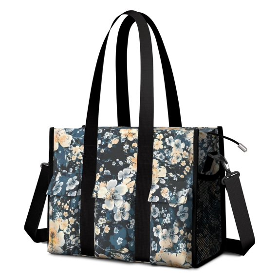 Teacher Tote Bag,Pioneer Flower Floral Print Pattern Teacher Utility Tote Bag,Large Work Tote Bags for Women with Multiple Pockets,Top Zipper Closure,13.8x10.6x6.7 Inch