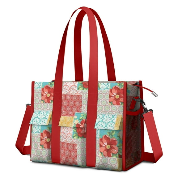 Teacher Tote Bag,Pioneer Flower Floral Print Pattern Teacher Utility Tote Bag,Large Work Tote Bags for Women with Multiple Pockets,Top Zipper Closure,13.8x10.6x6.7 Inch