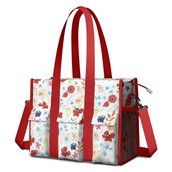 Teacher Tote Bag,Pioneer Flower Floral Print Pattern Teacher Utility Tote Bag,Large Work Tote Bags for Women with Multiple Pockets,Top Zipper Closure,13.8x10.6x6.7 Inch