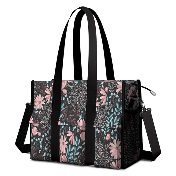 Teacher Tote Bag,Pioneer Flower Floral Print Pattern Teacher Utility Tote Bag,Large Work Tote Bags for Women with Multiple Pockets,Top Zipper Closure,13.8x10.6x6.7 Inch
