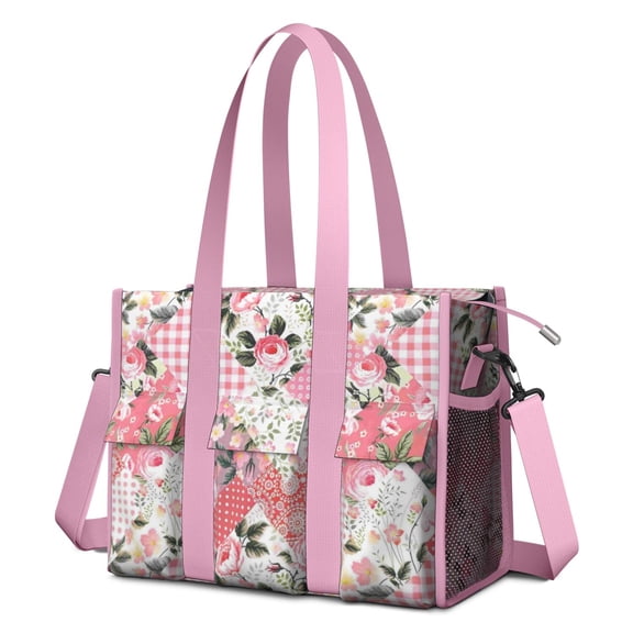Teacher Tote Bag,Pioneer Flower Floral Print Pattern Teacher Utility Tote Bag,Large Work Tote Bags for Women with Multiple Pockets,Top Zipper Closure,13.8x10.6x6.7 Inch