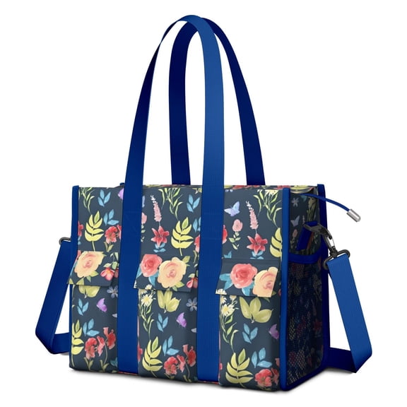 Teacher Tote Bag,Pioneer Flower Floral Print Pattern Teacher Utility Tote Bag,Large Work Tote Bags for Women with Multiple Pockets,Top Zipper Closure,13.8x10.6x6.7 Inch