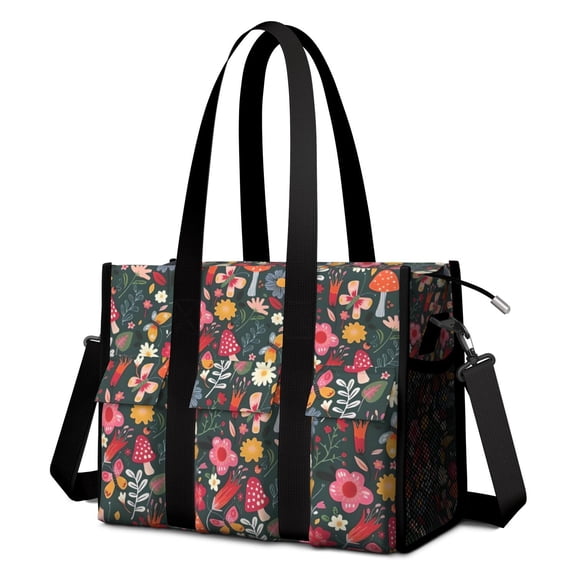 Teacher Tote Bag,Pioneer Flower Floral Print Pattern Teacher Utility Tote Bag,Large Work Tote Bags for Women with Multiple Pockets,Top Zipper Closure,13.8x10.6x6.7 Inch