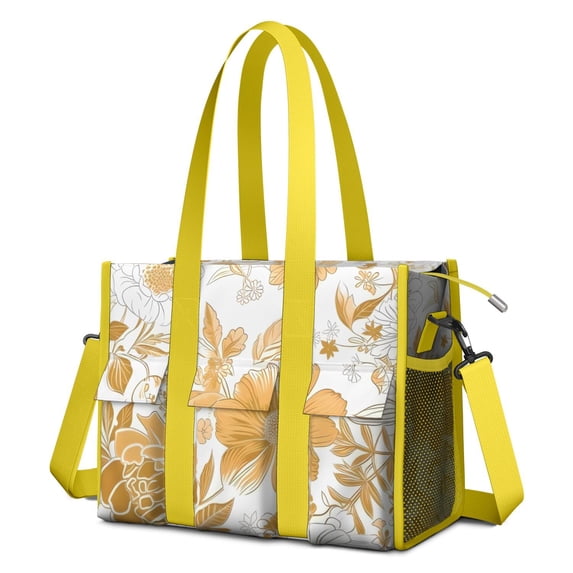 Teacher Tote Bag,Pioneer Flower Floral Print Pattern Teacher Utility Tote Bag,Large Work Tote Bags for Women with Multiple Pockets,Top Zipper Closure,13.8x10.6x6.7 Inch