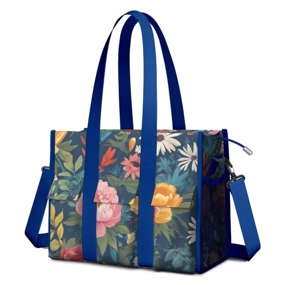 Teacher Tote Bag,Pioneer Flower Floral Print Pattern Teacher Utility Tote Bag,Large Work Tote Bags for Women with Multiple Pockets,Top Zipper Closure,13.8x10.6x6.7 Inch