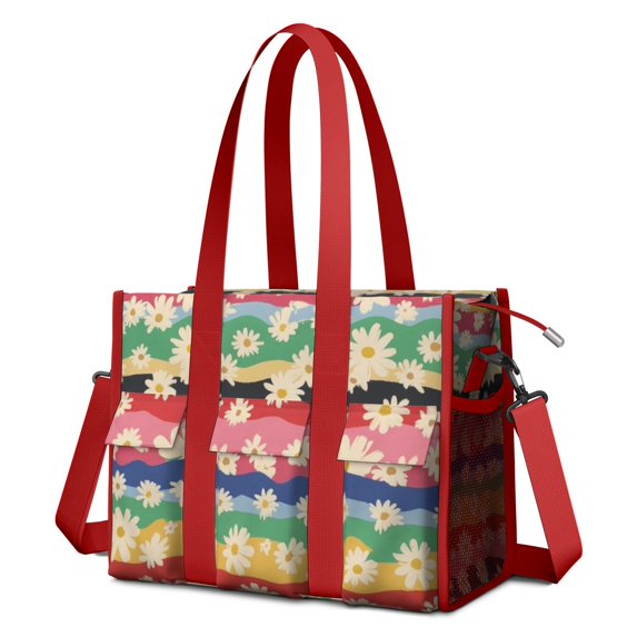 Teacher Tote Bag,Pioneer Flower Floral Print Pattern Teacher Utility Tote Bag,Large Work Tote Bags for Women with Multiple Pockets,Top Zipper Closure,13.8x10.6x6.7 Inch