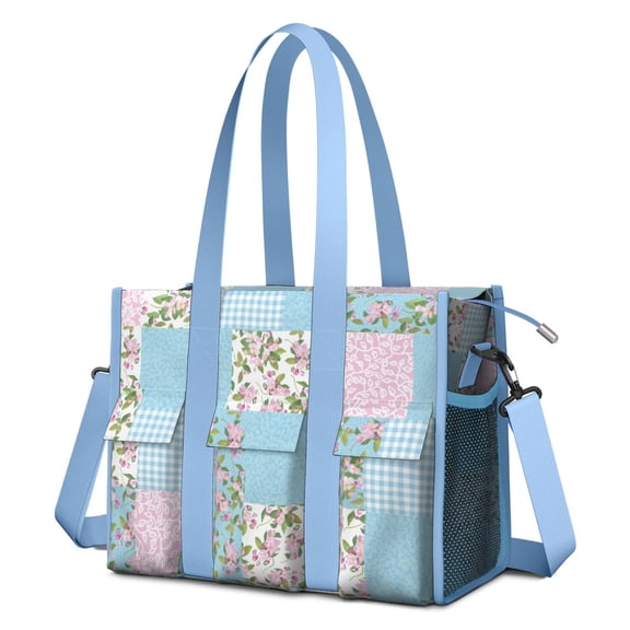 Teacher Tote Bag,Pioneer Flower Floral Print Pattern Teacher Utility Tote Bag,Large Work Tote Bags for Women with Multiple Pockets,Top Zipper Closure,13.8x10.6x6.7 Inch