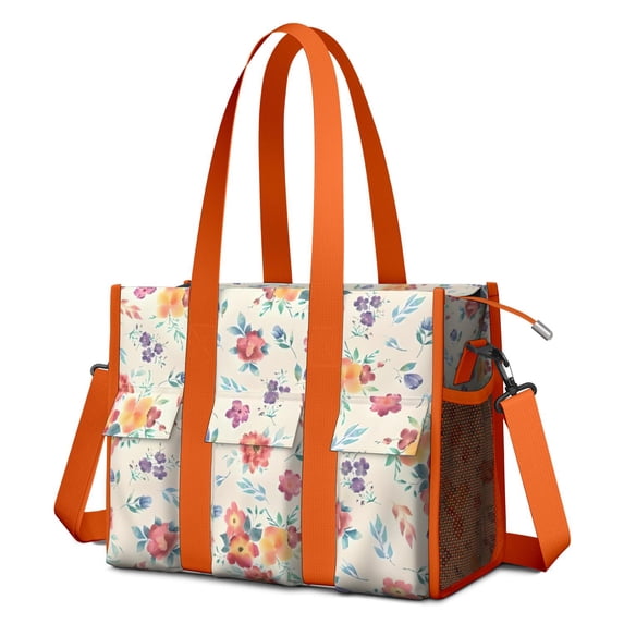 Teacher Tote Bag,Pioneer Flower Floral Print Pattern Teacher Utility Tote Bag,Large Work Tote Bags for Women with Multiple Pockets,Top Zipper Closure,13.8x10.6x6.7 Inch