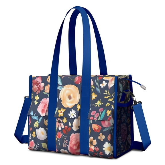Teacher Tote Bag,Pioneer Flower Floral Print Pattern Teacher Utility Tote Bag,Large Work Tote Bags for Women with Multiple Pockets,Top Zipper Closure,13.8x10.6x6.7 Inch