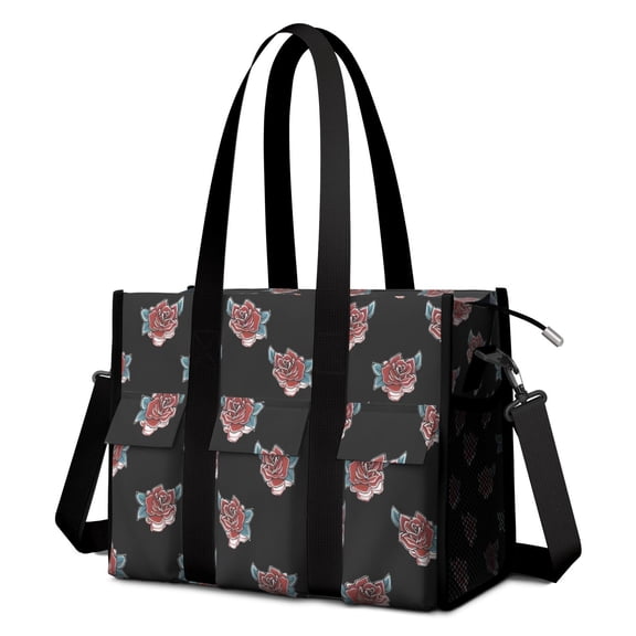 Teacher Tote Bag,Pioneer Flower Floral Print Pattern Teacher Utility Tote Bag,Large Work Tote Bags for Women with Multiple Pockets,Top Zipper Closure,13.8x10.6x6.7 Inch