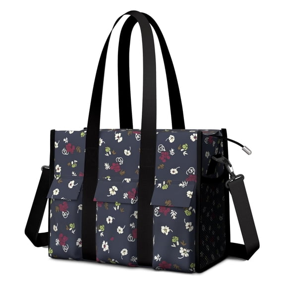 Teacher Tote Bag,Pioneer Flower Floral Print Pattern Teacher Utility Tote Bag,Large Work Tote Bags for Women with Multiple Pockets,Top Zipper Closure,13.8x10.6x6.7 Inch