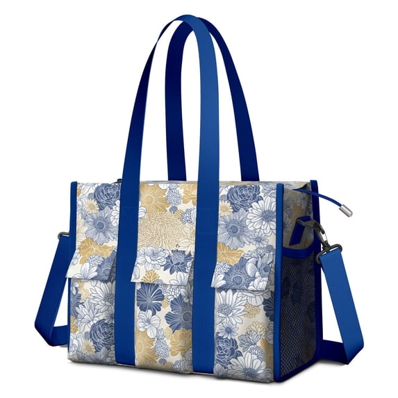 Teacher Tote Bag,Pioneer Flower Floral Print Pattern Teacher Utility Tote Bag,Large Work Tote Bags for Women with Multiple Pockets,Top Zipper Closure,13.8x10.6x6.7 Inch