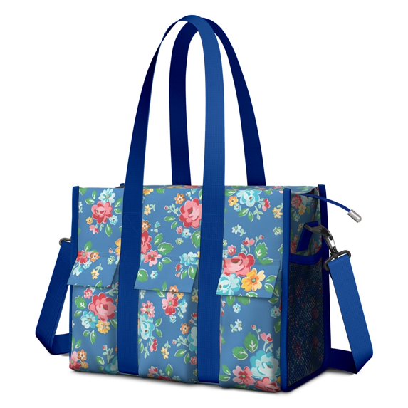 Teacher Tote Bag,Pioneer Flower Floral Print Pattern Teacher Utility Tote Bag,Large Work Tote Bags for Women with Multiple Pockets,Top Zipper Closure,13.8x10.6x6.7 Inch